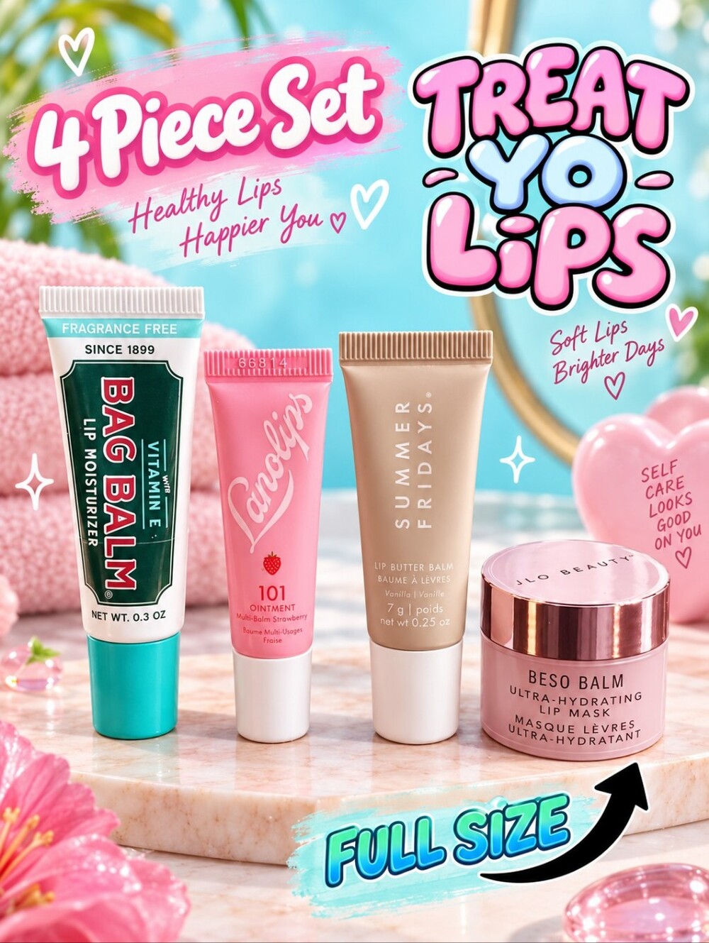 Summer Fridays Vanilla Butter Balm, Lanolips Strawberry & Bag Balm, J-lo BESOS